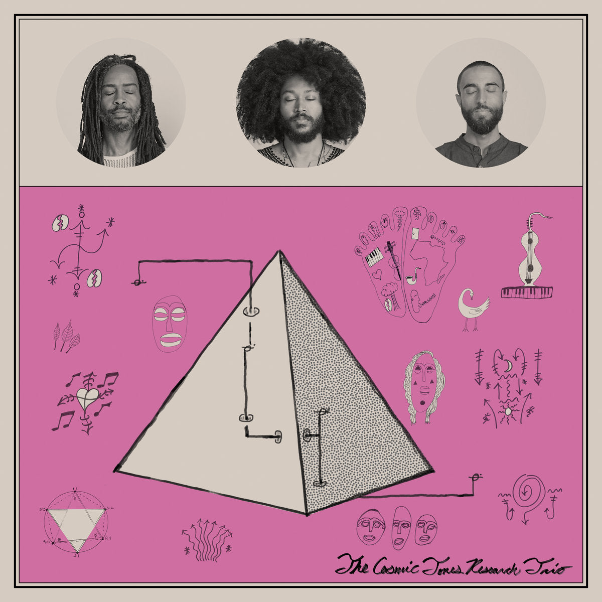 Album cover with three portraits above a pyramid design on a pink background with symbols.
